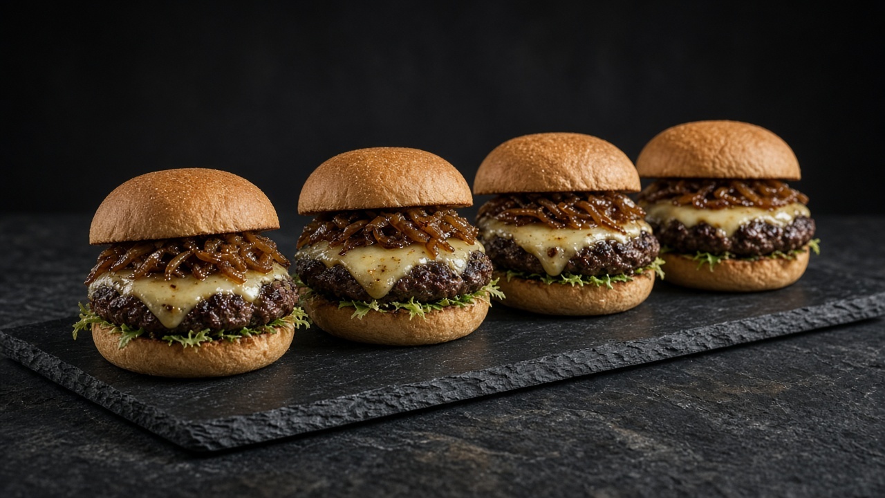 Four beef burger patties topped with melted Gruyère and caramelised onions served in toasted buns with peppery frisée greens.