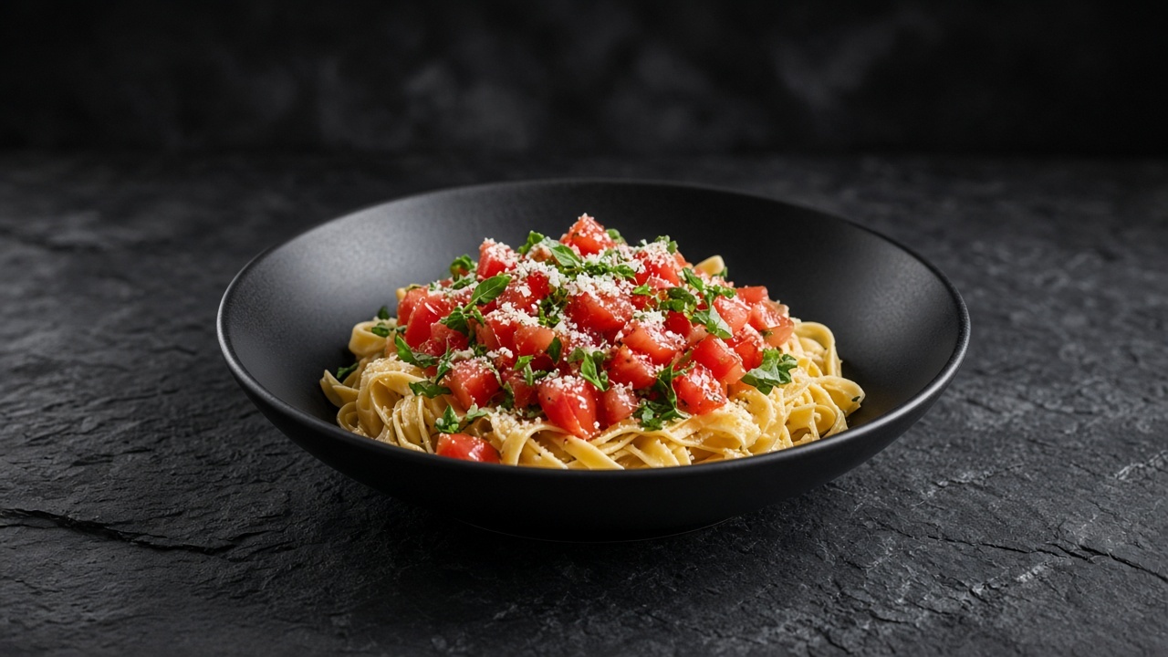 Fresh fettuccine topped with a chunky raw red tomato and herb sauce.