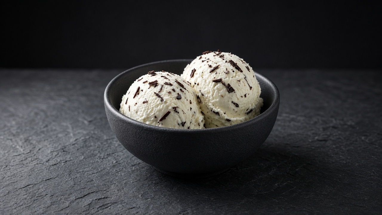 Two scoops of pale ivory fresh mint custard ice cream flecked with dark chocolate shards in a black bowl.