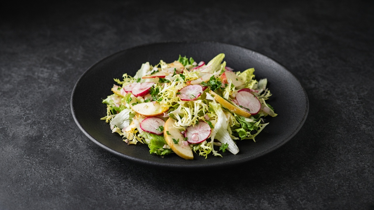 Frisée, chicory, apple slices, radish and parsley tossed together on a matte dark plate.