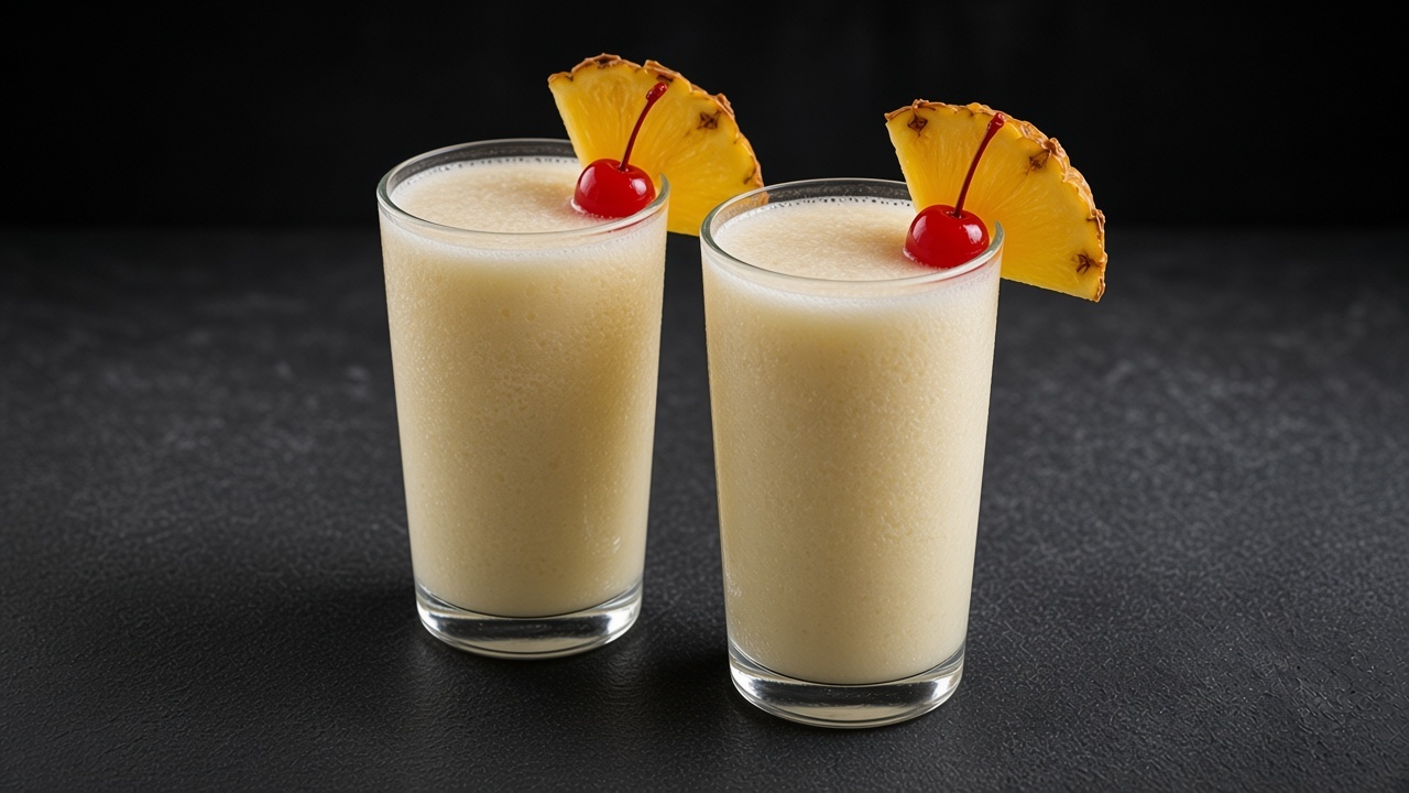 Two tall glasses of thick, frosty pineapple and coconut drink with pineapple slices and cherries on a matte dark slate.