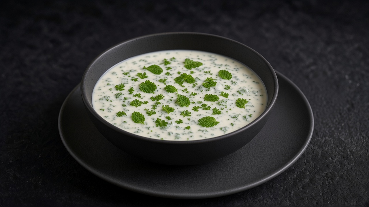 A shallow bowl of pale yogurt sauce flecked with minced cilantro and mint, set on a matte dark slate.
