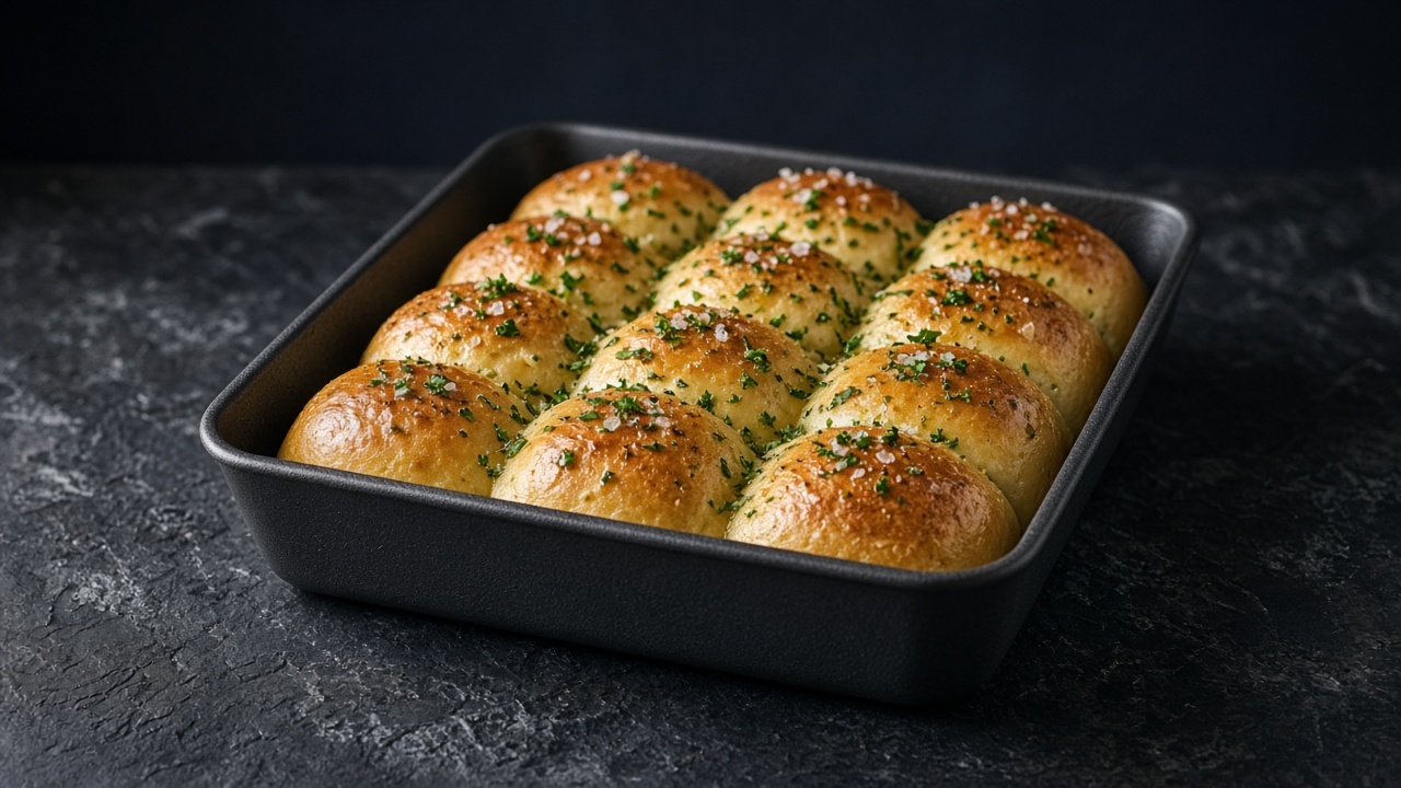 A square dish of golden pull-apart rolls brushed with garlic butter and flecked with green parsley and flaky salt.