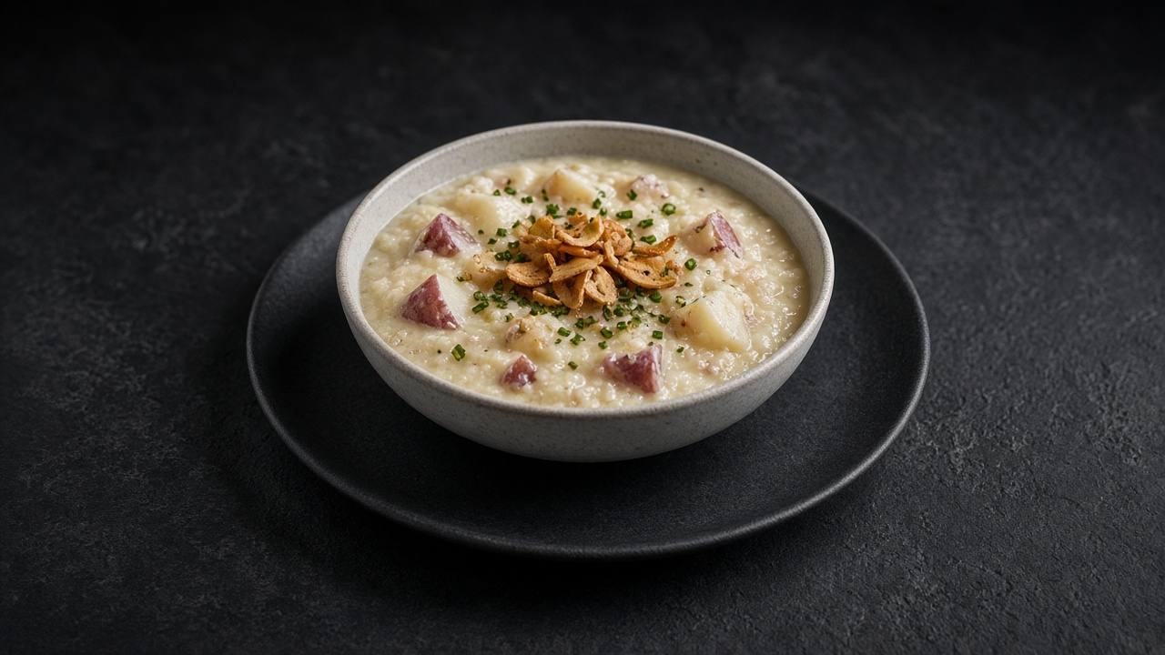 A bowl of creamy garlic potato soup topped with fried garlic chips and chives on a dark plate.