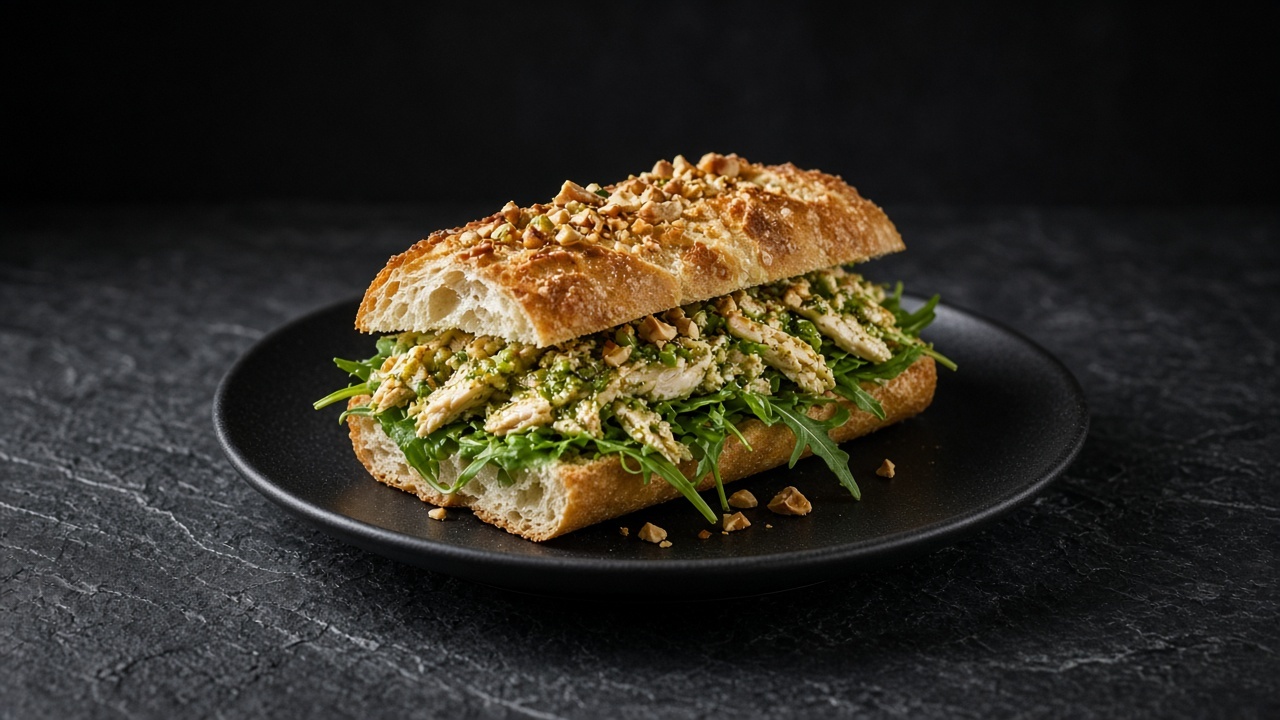 Thick-cut baguette sandwich oozing with shredded chicken in garlic and spring onion oil, topped with rocket and toasted nuts.