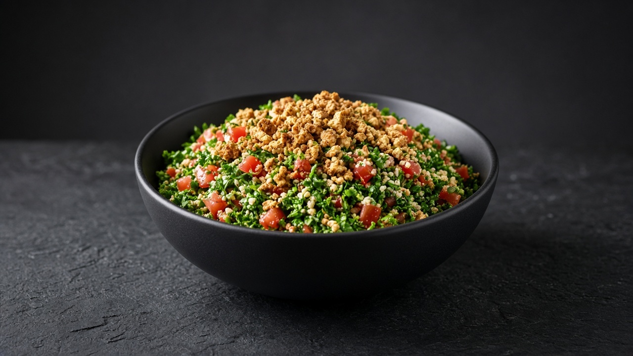 A bowl of bright green chopped parsley and mint tabbouleh with diced tomato and golden tofu crumbs.