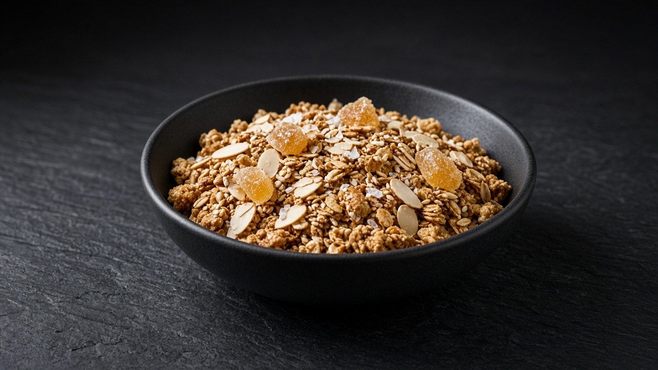 A bowl of golden granola with sesame seeds, almond flakes and chunks of crystallised ginger.