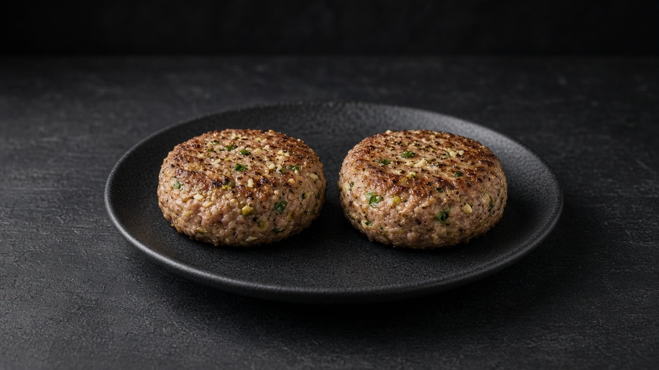 Two ginger and spring onion tuna burger patties on a matte dark plate.