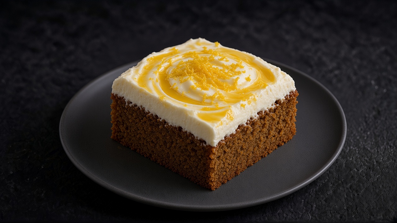 A square slice of dark gingerbread cake topped with cream swirled with lemon curd and lemon zest, on a matte dark plate.