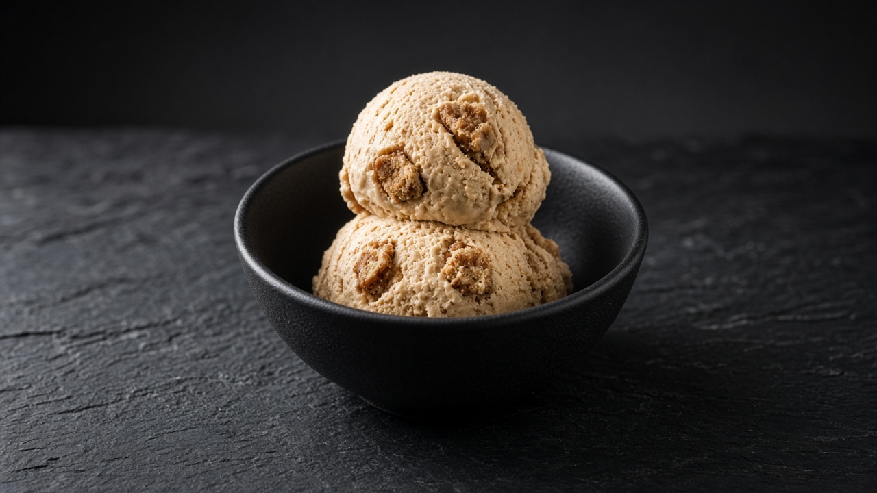 Two scoops of caramel-beige brown sugar custard ice cream with gingernut biscuit pieces in a black bowl.
