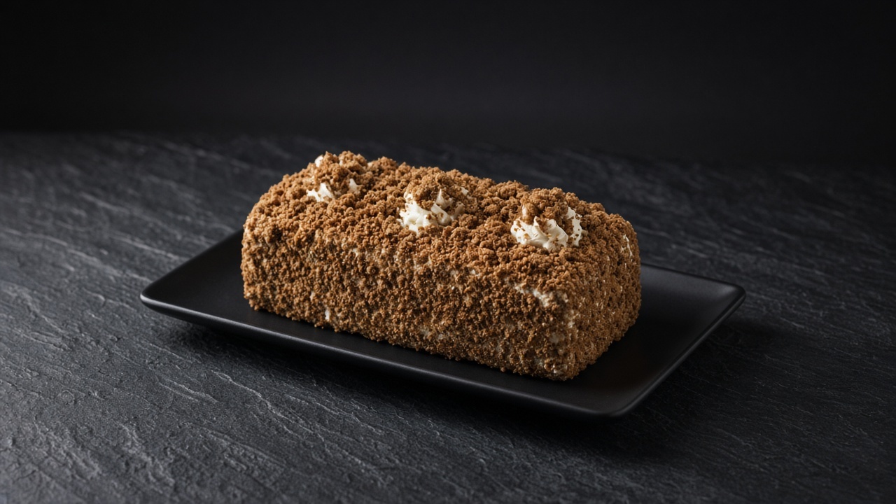 A loaf-shaped icebox cake coated in crushed gingersnap crumbs, with small patches of piped cream on top.