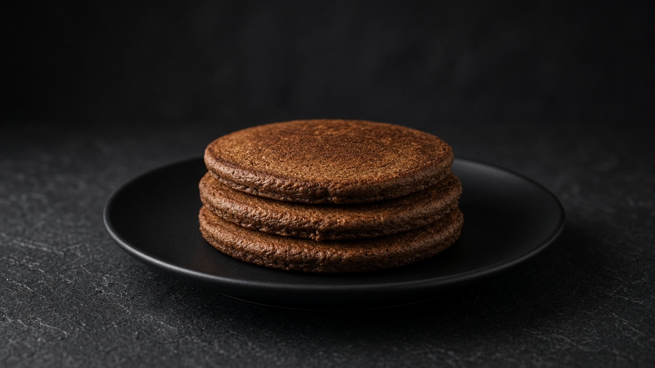 Dark, spiced pancakes with a lightly browned surface, stacked on a plate.