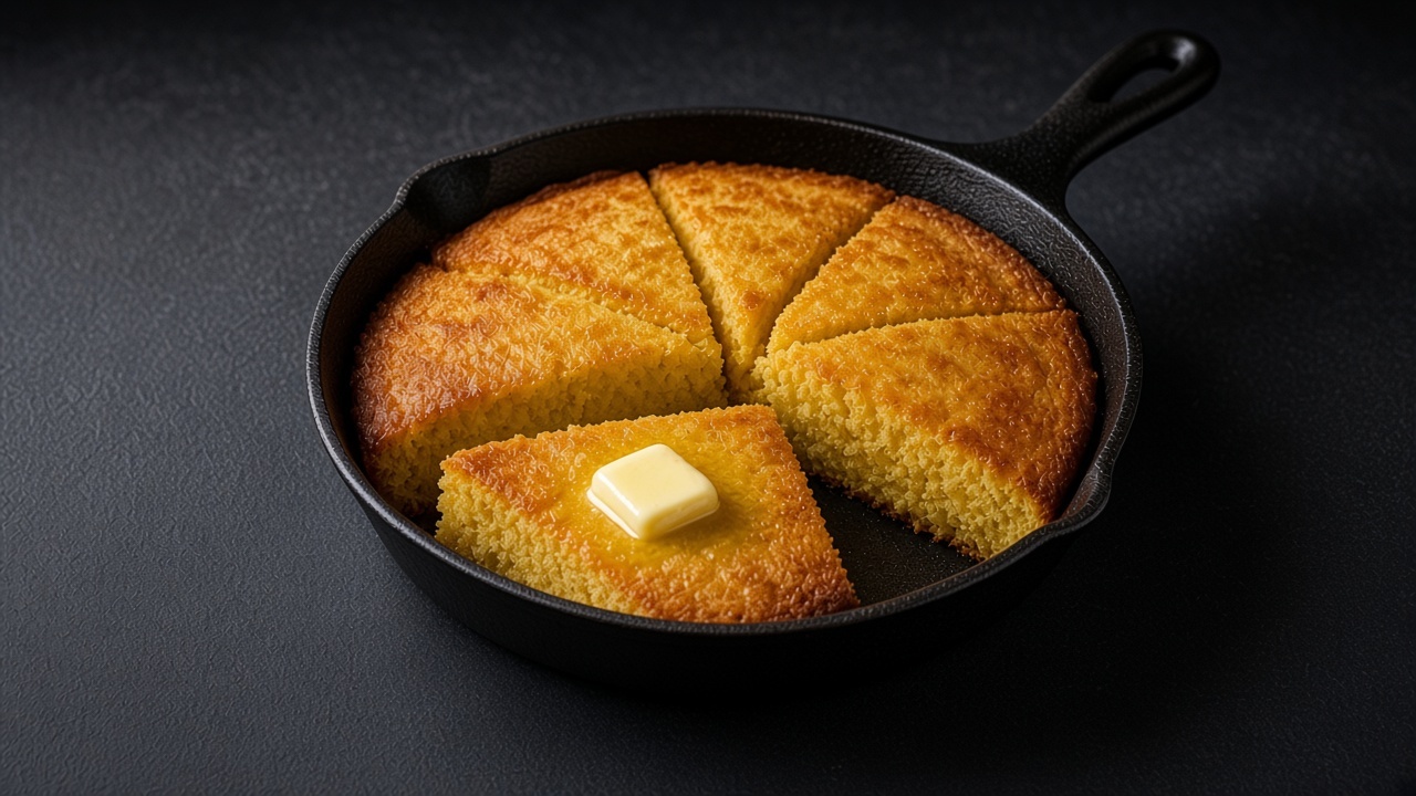 Wedges of golden gluten-free skillet cornbread with butter on a black plate.