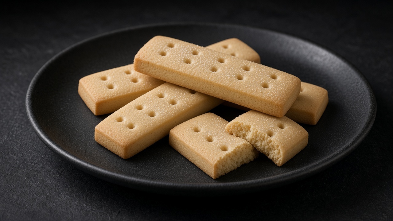 Pale gluten-free shortbread fingers sprinkled with sugar on a black plate.