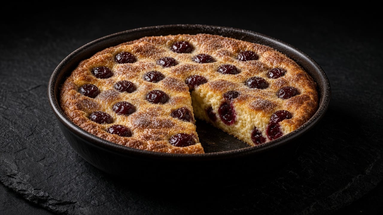 Gluten-free cherry clafoutis with dark cherries in golden custard, on a black plate.