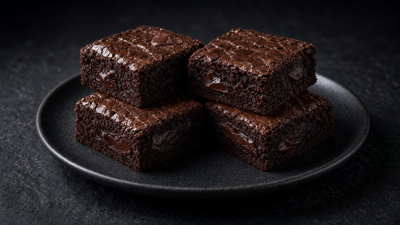 Glossy gluten-free fudge brownies with a crackled top, cut into squares on a black plate.