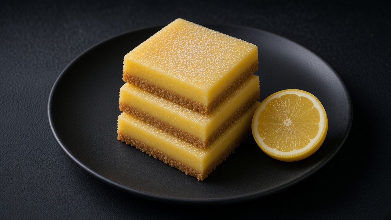 Squares of gluten-free lemon bars dusted with icing sugar on a black plate.