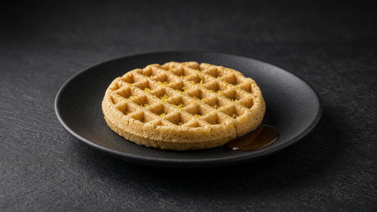 A pale golden, crisp waffle flecked with lemon zest, served with a pool of maple syrup.