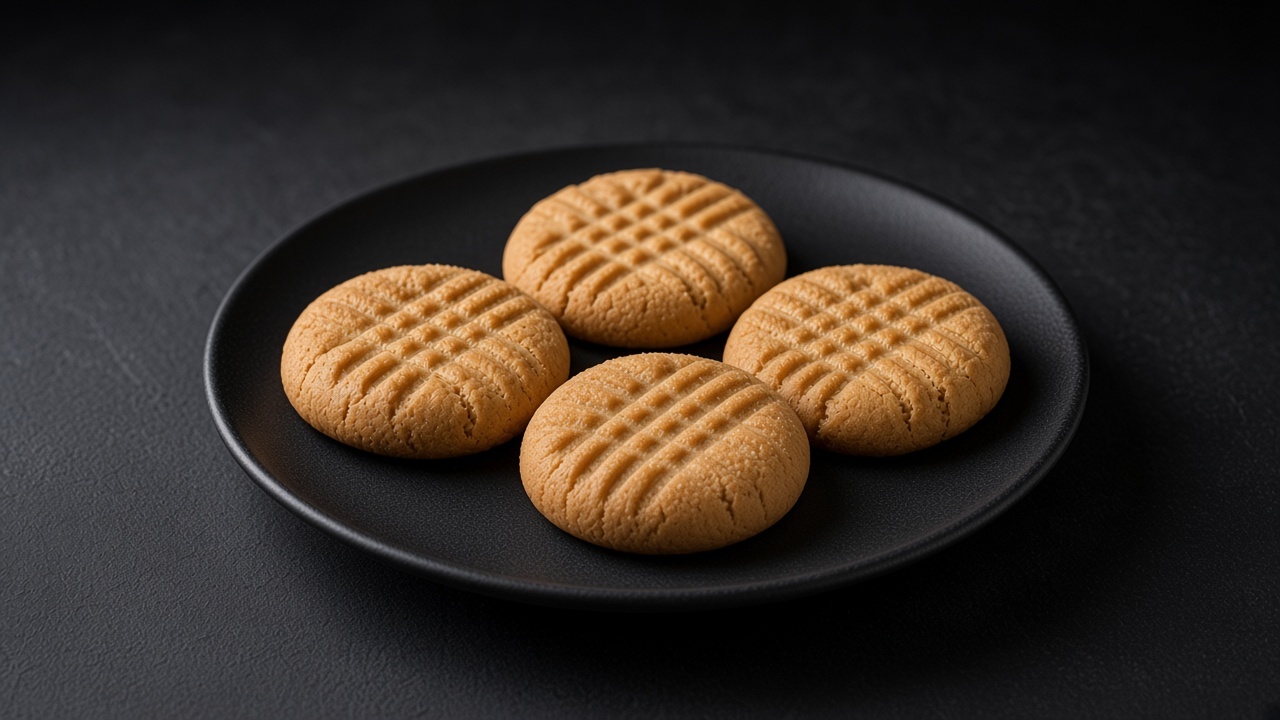 Gluten-free peanut butter cookies with a fork criss-cross pattern on a black plate.