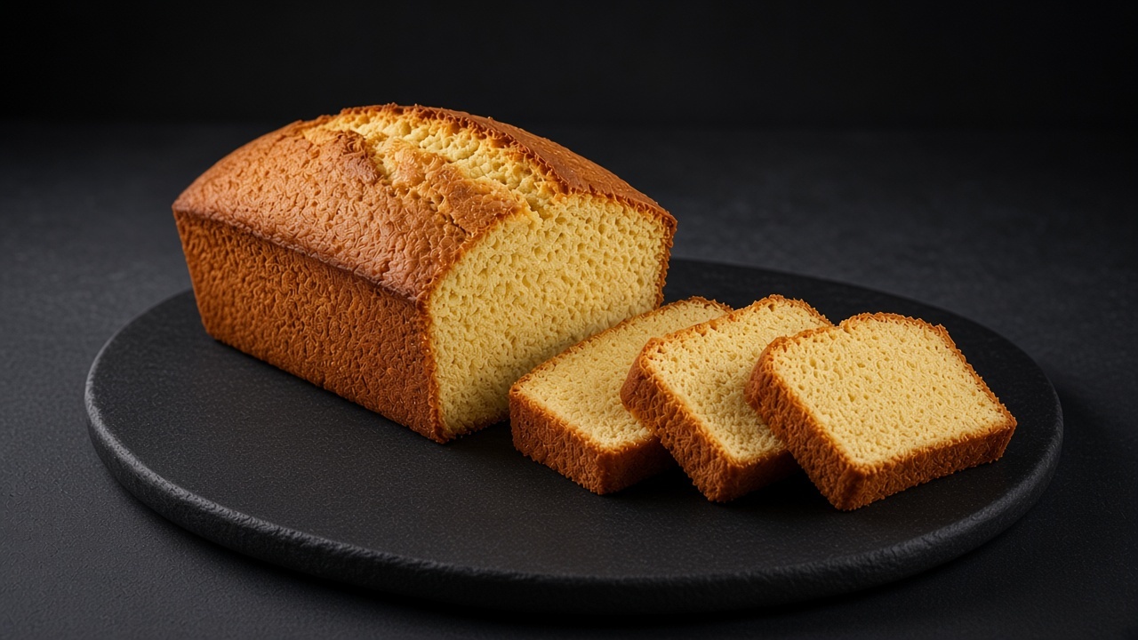Slices of gluten-free pound cake with a golden split top on a black board.
