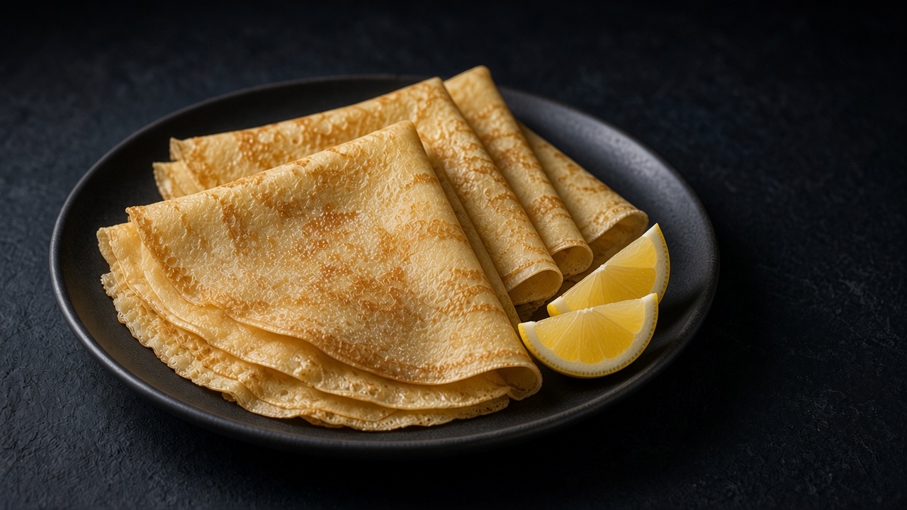 Folded gluten-free crêpes dusted with sugar, with lemon wedges, on a black plate.