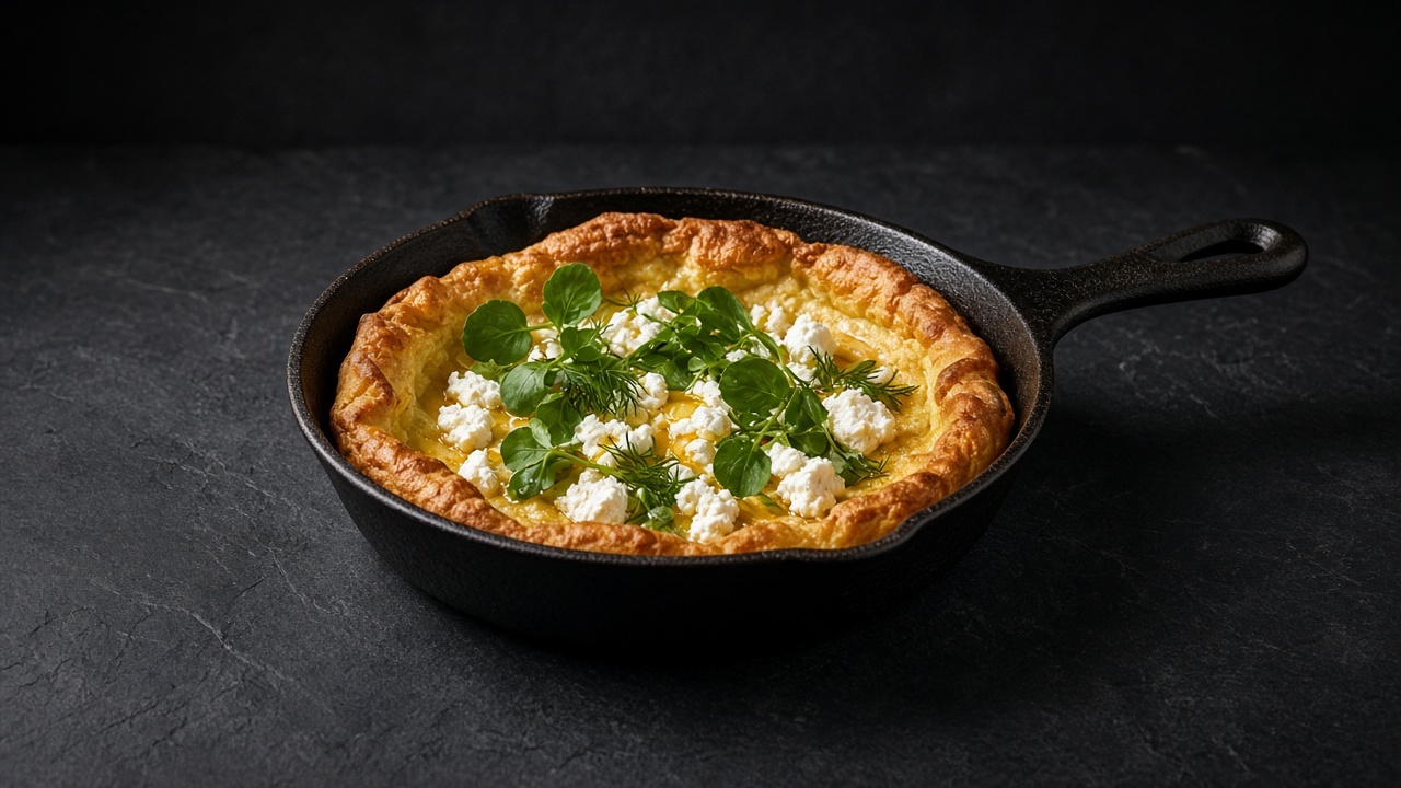 A golden puffed pancake in a skillet topped with crumbled goat cheese, watercress leaves and dill fronds.