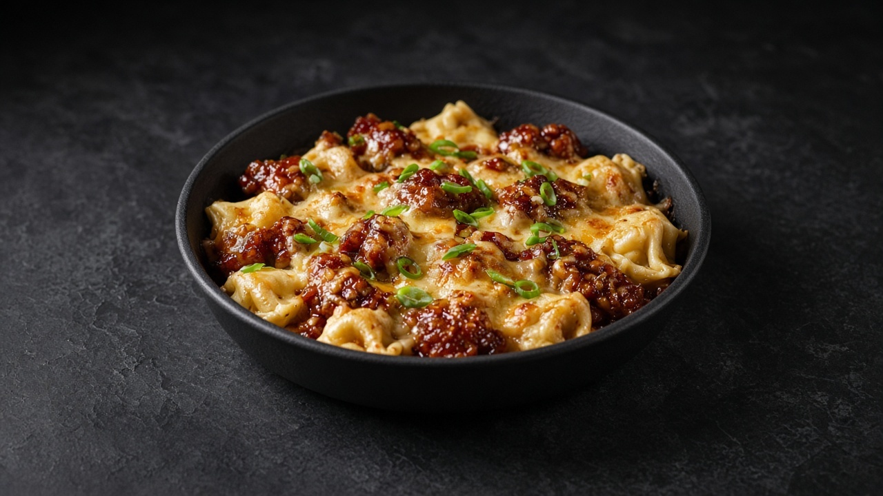 Cheese tortellini and sticky gochujang chicken under melted fontina, scattered with sliced spring onions.