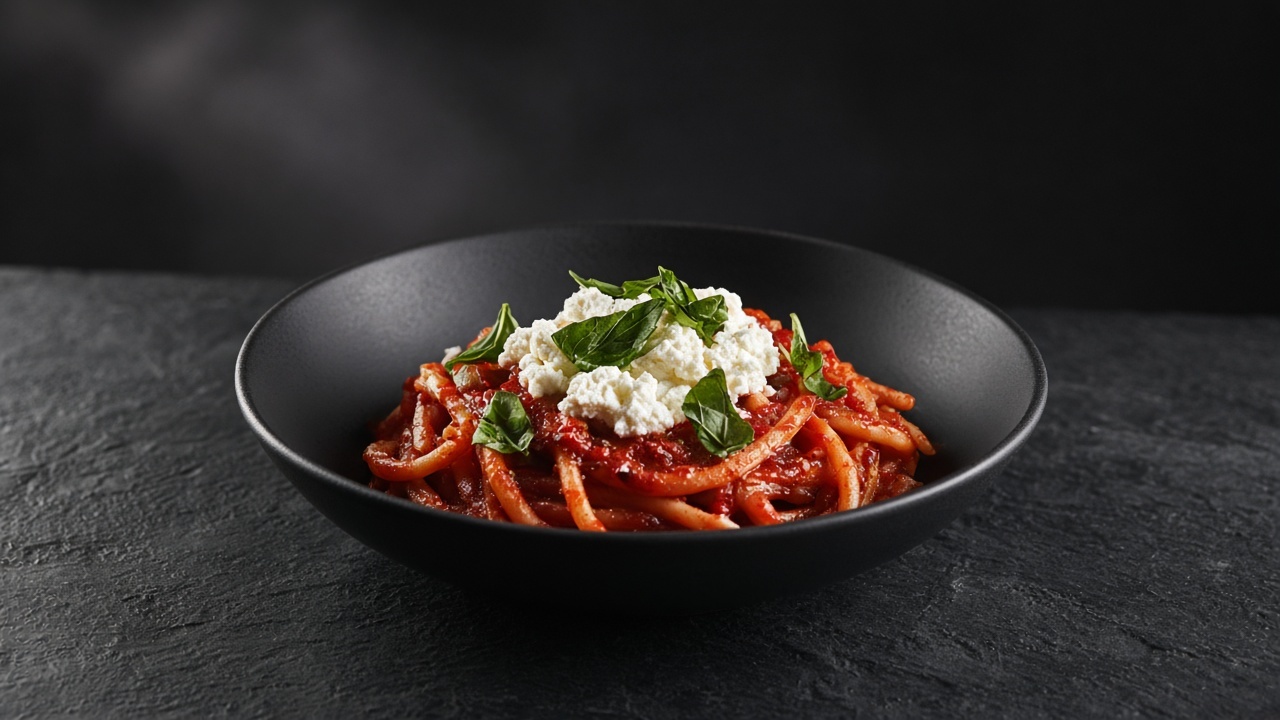 Bucatini coated in a deep red gochujang tomato sauce with a spoon of white ricotta and torn basil in a shallow bowl.