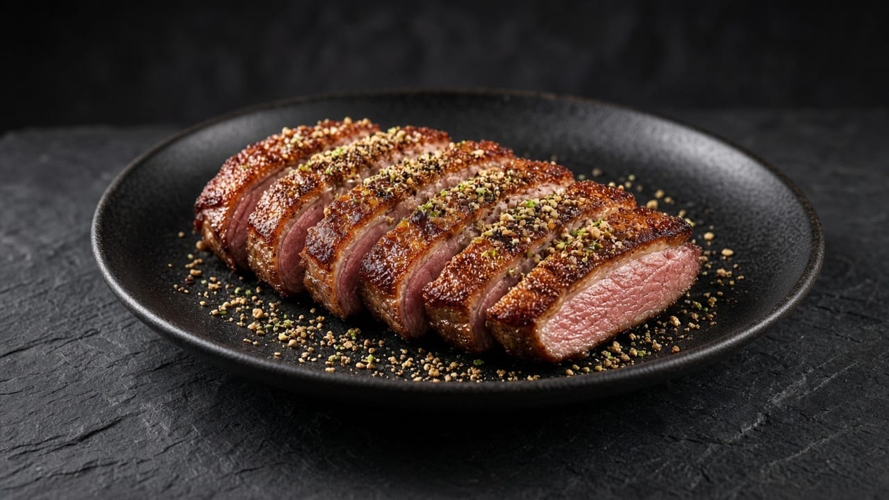 Sliced pan-seared duck breast with crisp skin and grains of paradise rub on a black plate