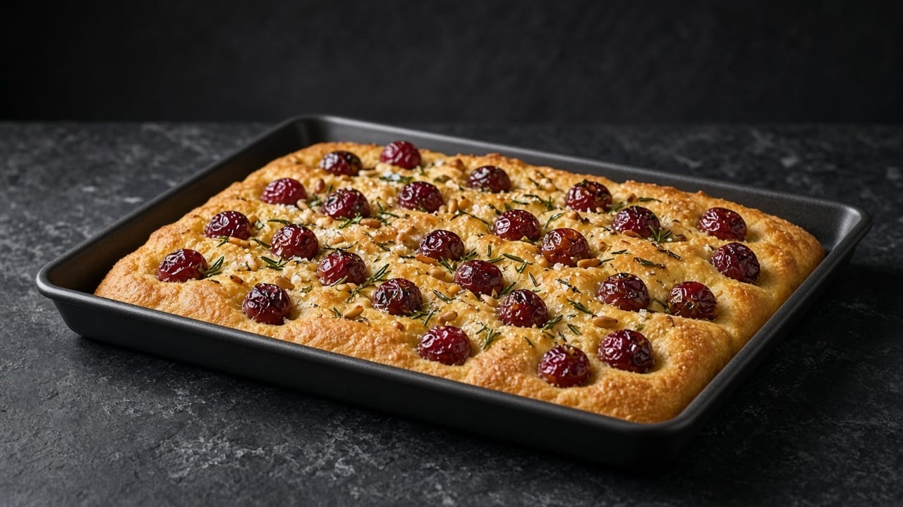 Golden cornmeal focaccia in a baking tray, dotted with roasted red grapes, rosemary, pine nuts and flaky salt.