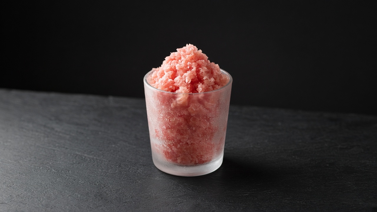 Coral-pink ruby grapefruit granita flakes piled in a frosted glass.