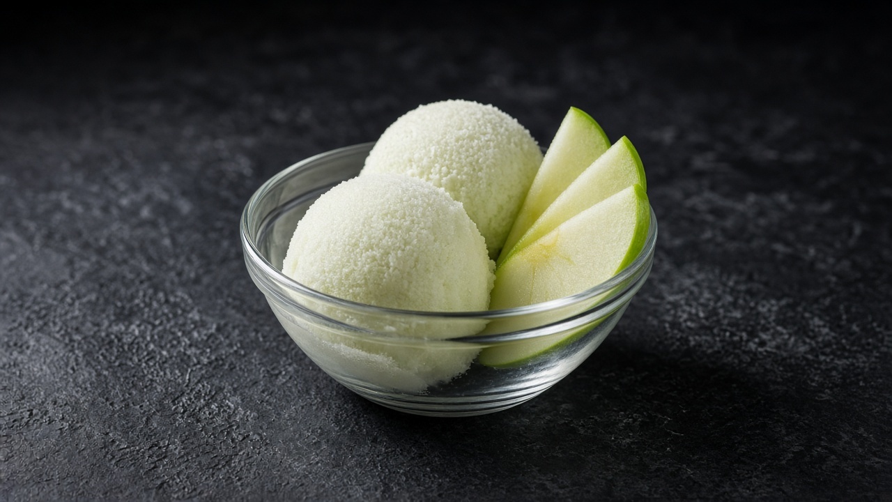 Two scoops of pale green-white apple sorbet with thin slices of green apple in a glass dish.