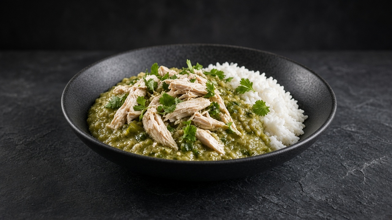 Shredded chicken in green chilli and tomatillo stew with rice and coriander in a black bowl