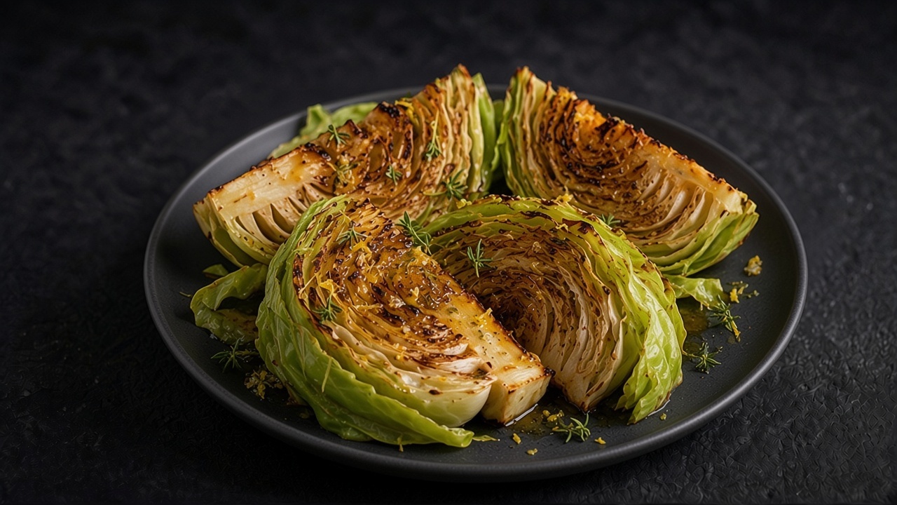 Browned green cabbage wedges drizzled with lemon and thyme vinaigrette on a matte dark plate.