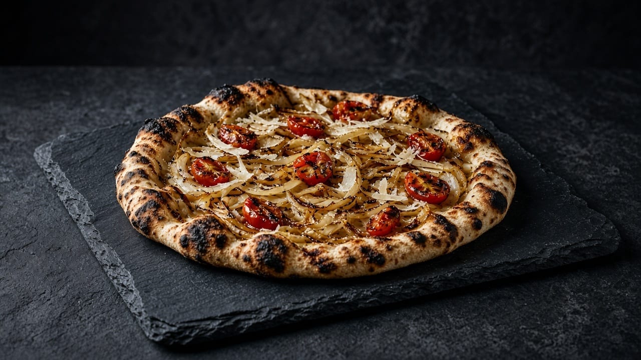 A hand-stretched grilled pizza with charred edges, topped with caramelised fennel and onion, halved roasted tomatoes and pale shavings of Asiago cheese.