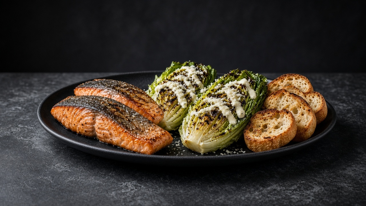 Grilled salmon fillets next to charred romaine halves and toasted baguette slices, with creamy dressing spooned over.