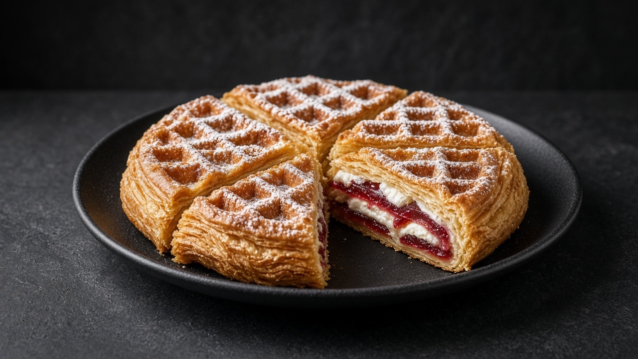 A golden puff pastry waffle dusted with icing sugar and sliced into wedges, with guava paste and cream cheese visible in the flaky layers.