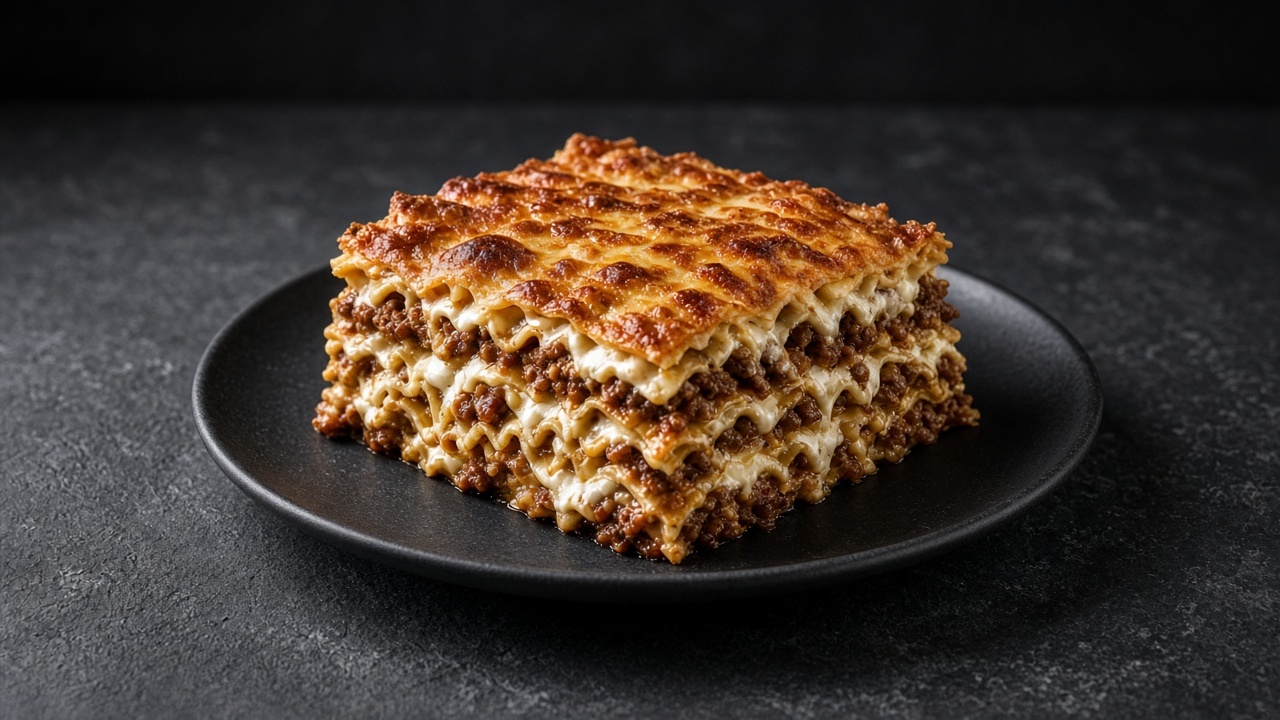 A tall slice of beef lasagne with layers of mince and creamy sauce under a browned cheese top.