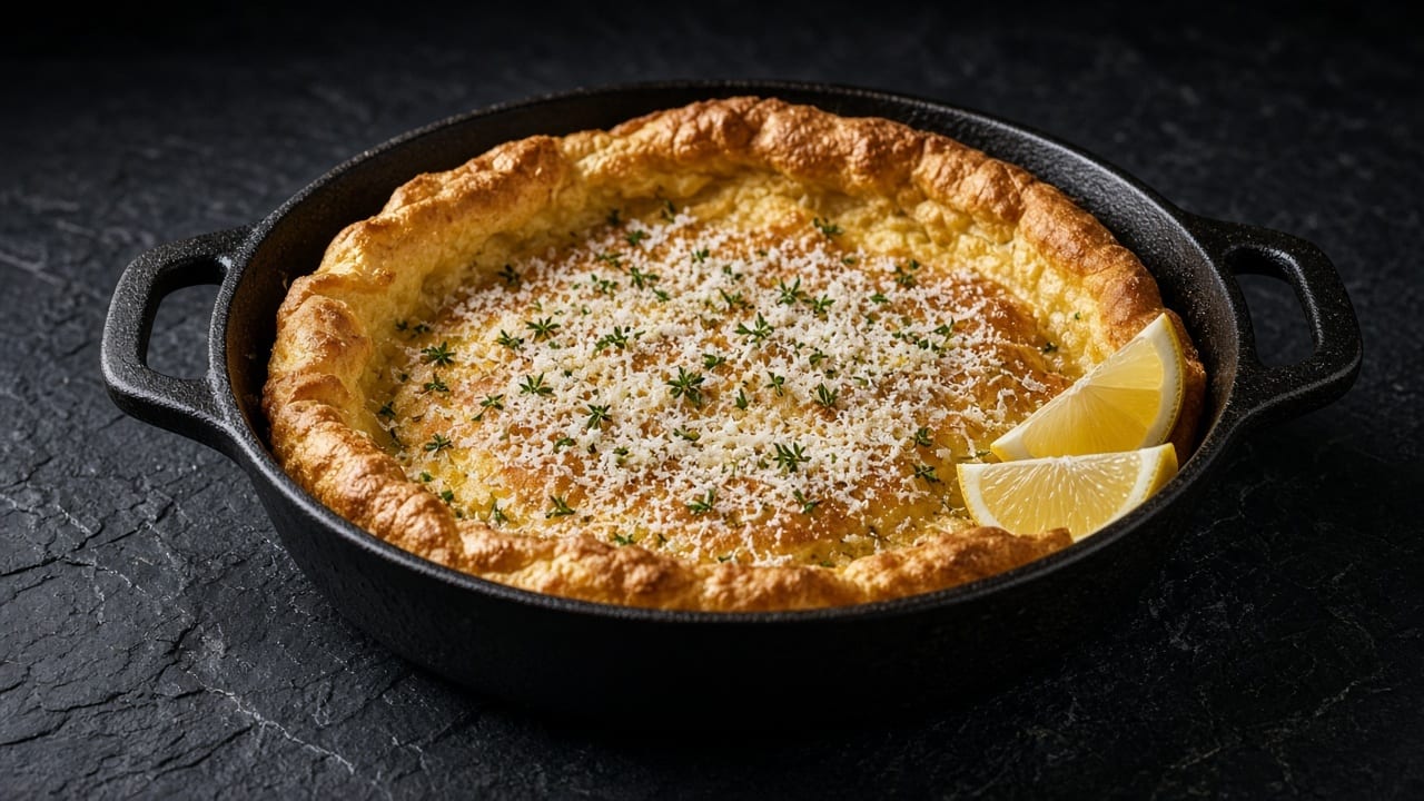 A puffed golden savoury pancake in a skillet, showered with grated Parmesan and herbs, with lemon wedges.