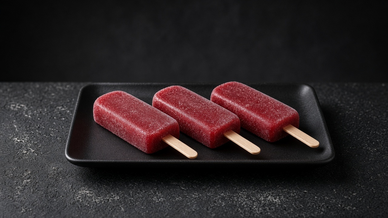 Three deep ruby-red hibiscus ice pops on wooden sticks on a black tray.