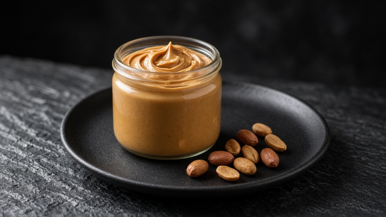 A jar of smooth homemade peanut butter on a matte dark plate.