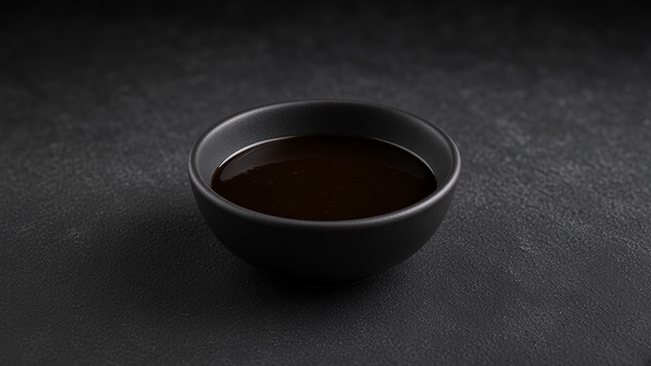 Dark homemade Worcestershire sauce in a small matte black bowl.