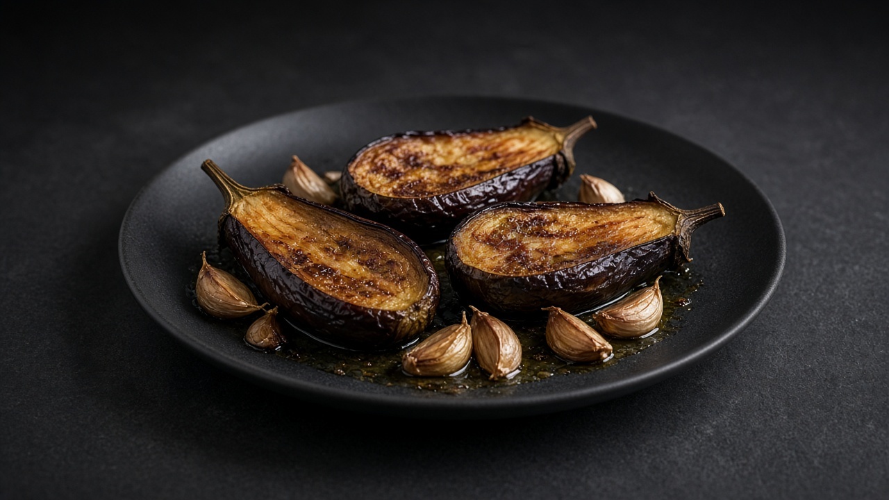 Charred, collapsed aubergine halves with soft roasted garlic cloves and a glossy honey glaze on a matte black plate.