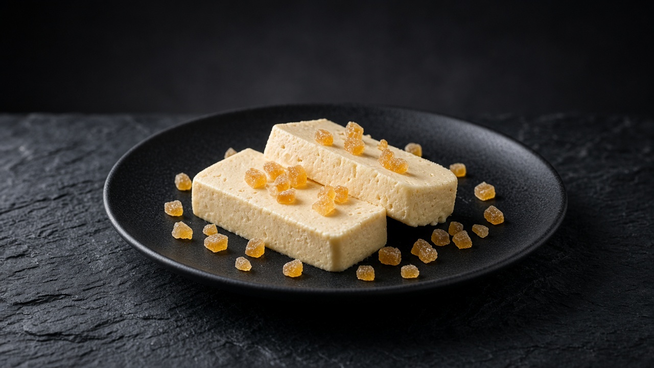 Two slices of pale golden honey and ginger semifreddo scattered with diced crystallised ginger on a black plate.