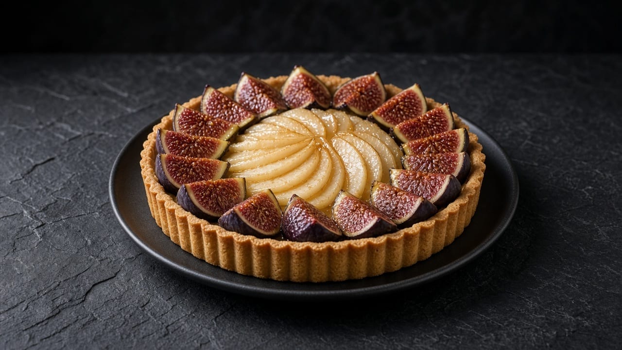 A golden pastry tart with fanned honey-glazed pear slices in the centre ringed by purple fig wedges.