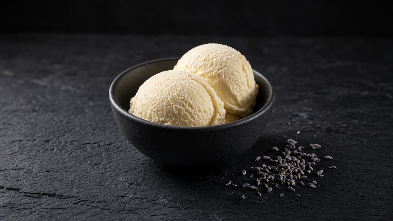 Two scoops of pale honey custard ice cream in a black bowl, with dried lavender buds beside it.