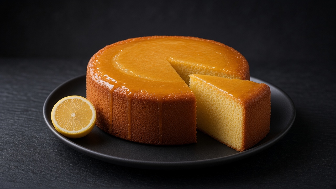 A slice of golden honey lemon cake with a glossy glaze and tender crumb on a matte dark plate.