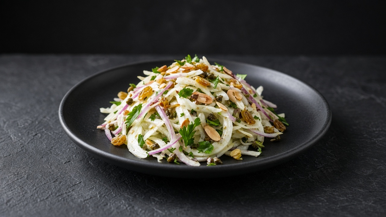 Sliced fennel salad with sultanas, capers, parsley and toasted almonds on a matte dark plate.