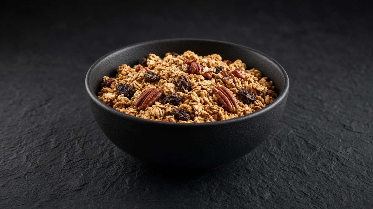 A bowl of granola with visible pecan pieces and raisins.