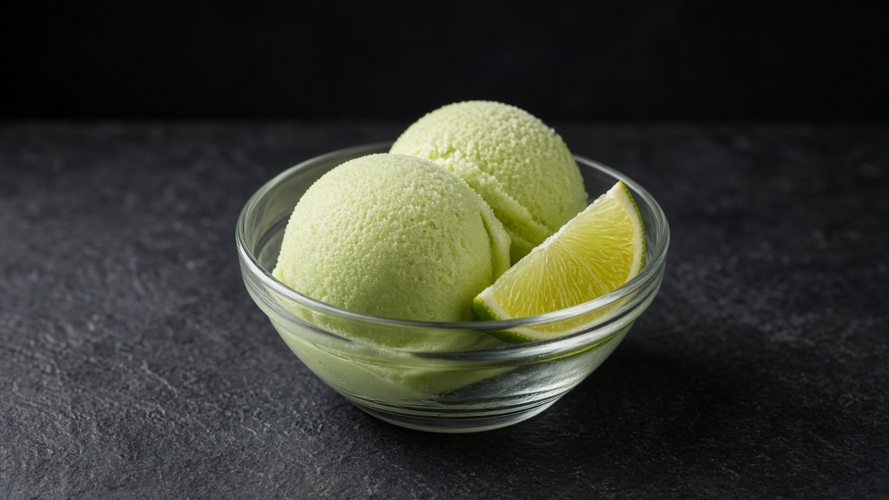 Two scoops of pale green honeydew melon sorbet with a lime wedge in a glass dish.